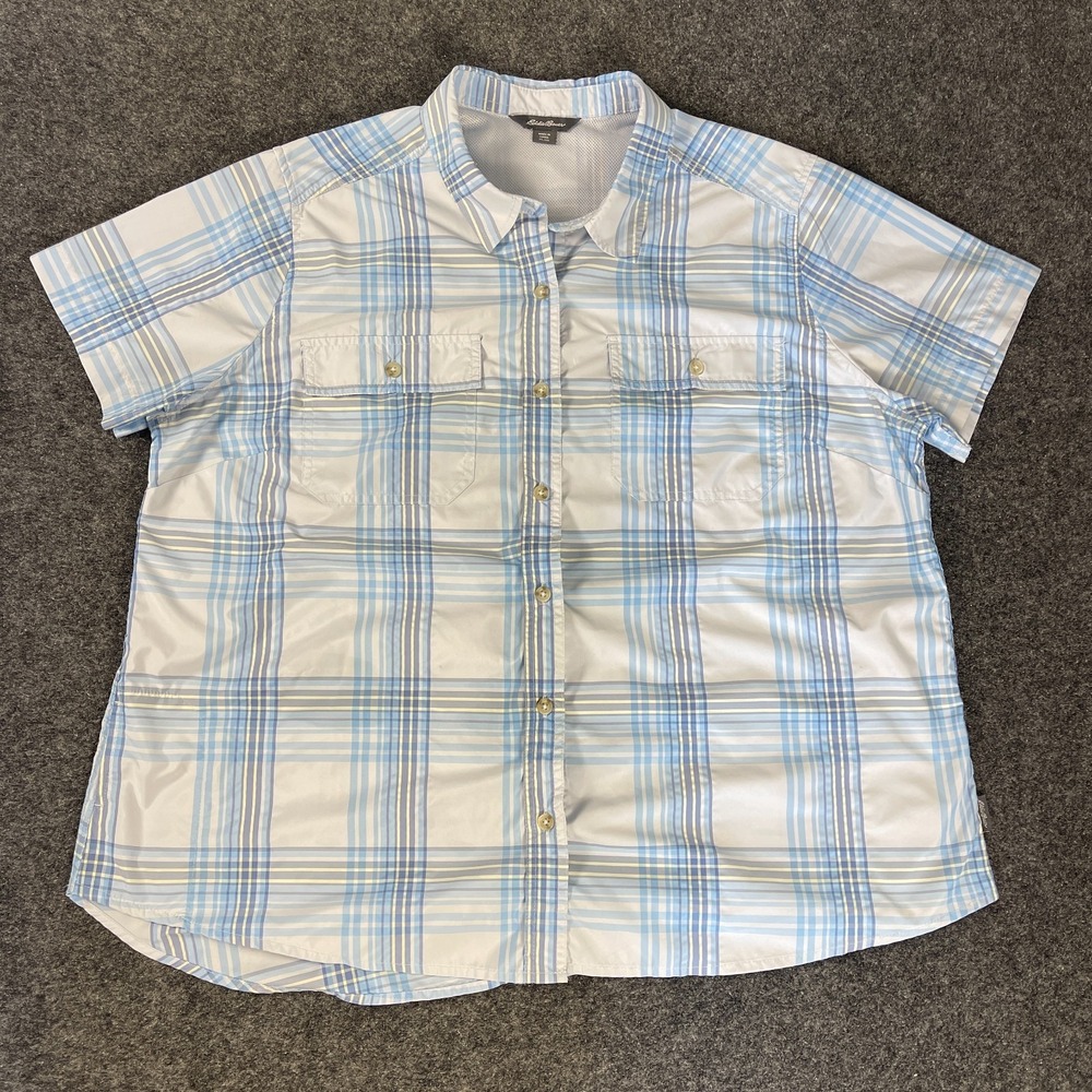 Eddie Bauer Womens XL blue Plaid Button Front Short Sleeve Shirt Outdoor Fishing